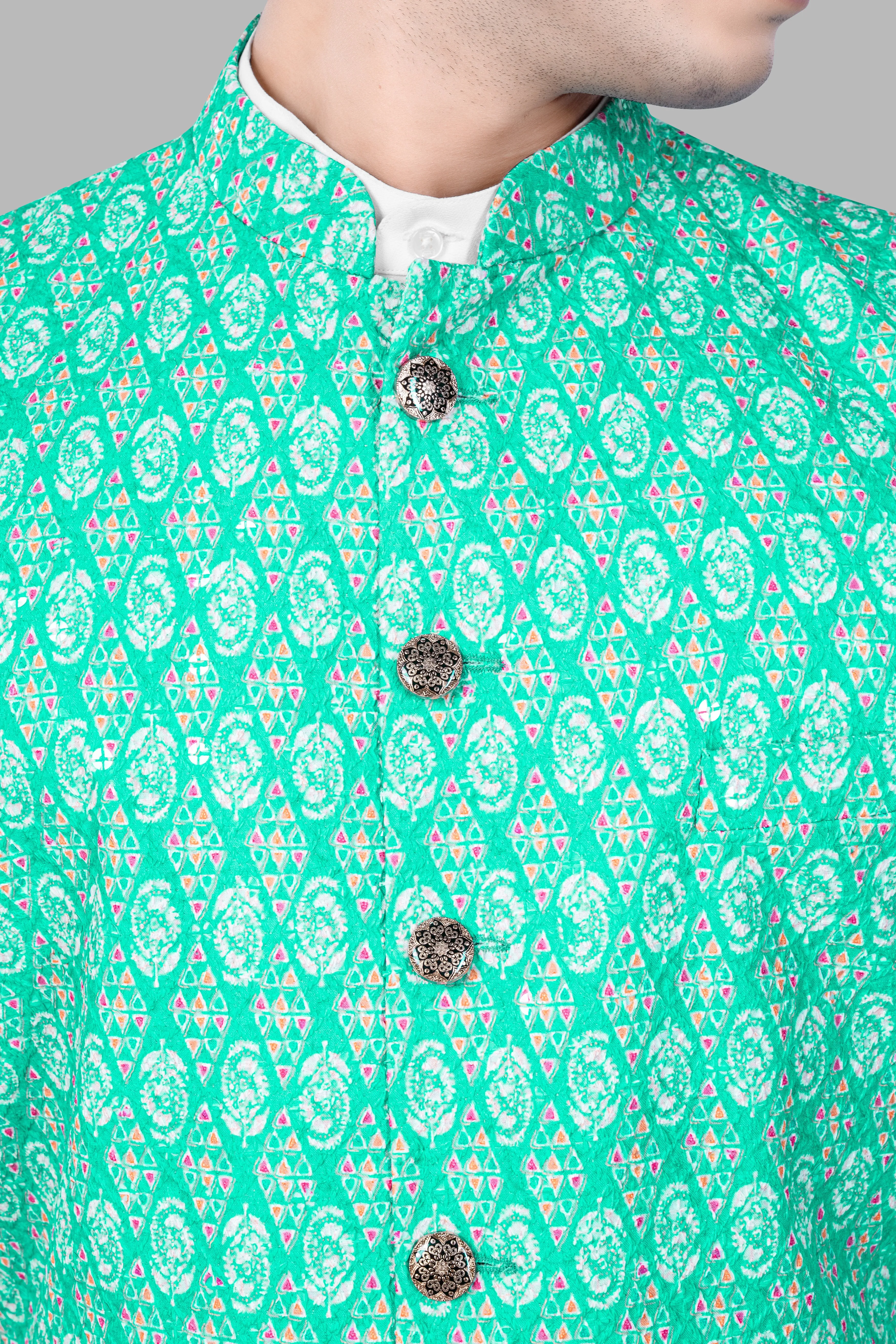 Bisque Beige Kurta Set With Caribbean Blue And Brilliant Rose Pink Designer Thread Embroidered Nehru Jacket