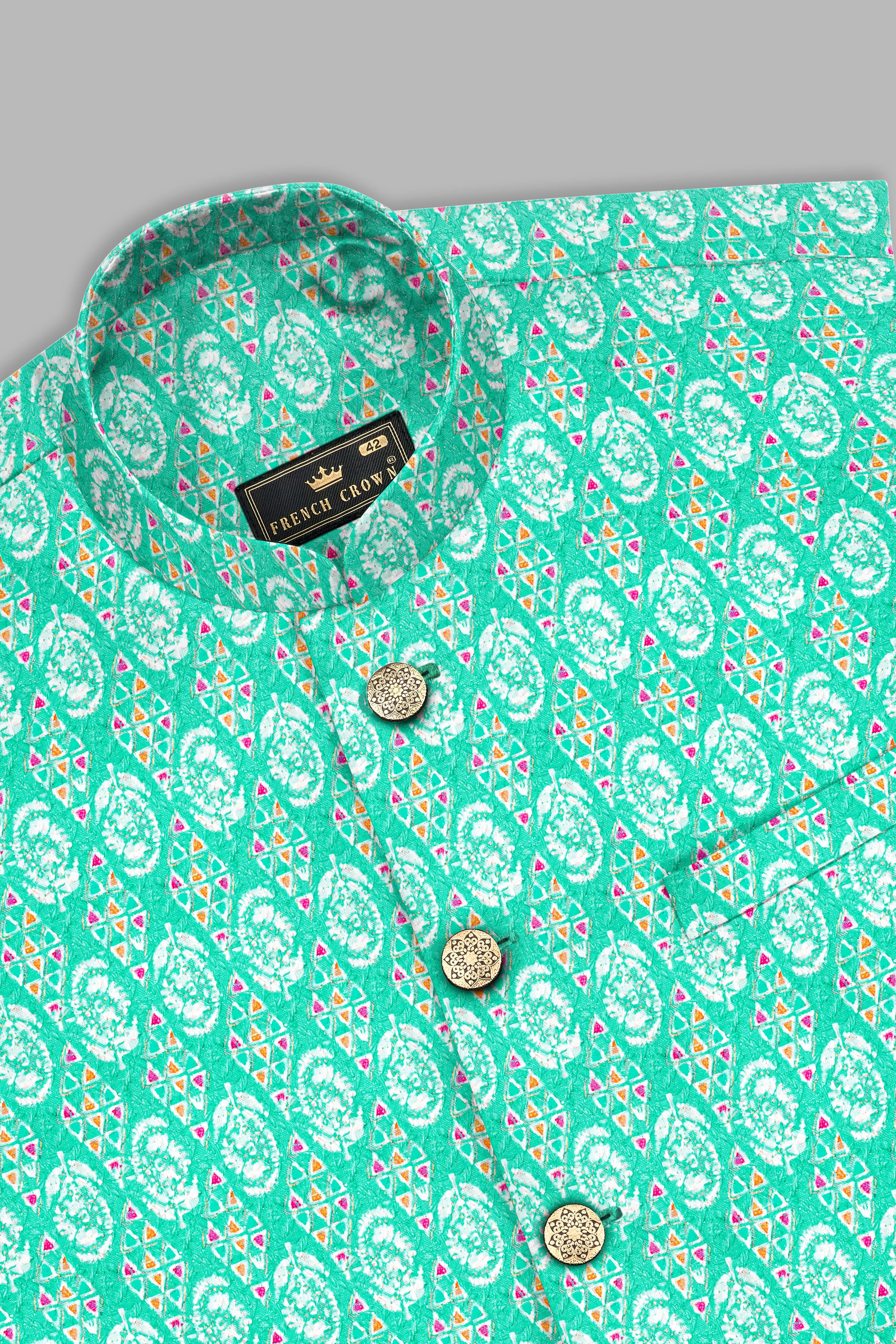 Bisque Beige Kurta Set With Caribbean Blue And Brilliant Rose Pink Designer Thread Embroidered Nehru Jacket