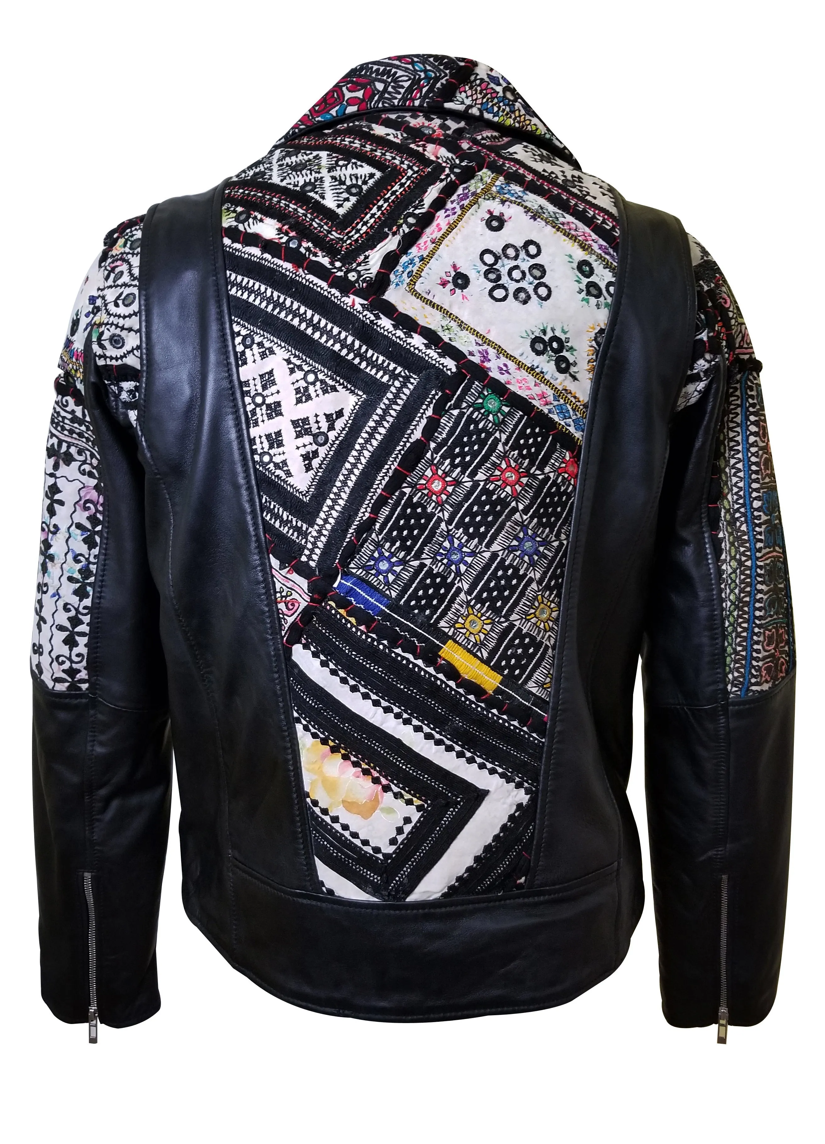 Bohemian Leather jacket with Tribal Hand Embroidered Fabric