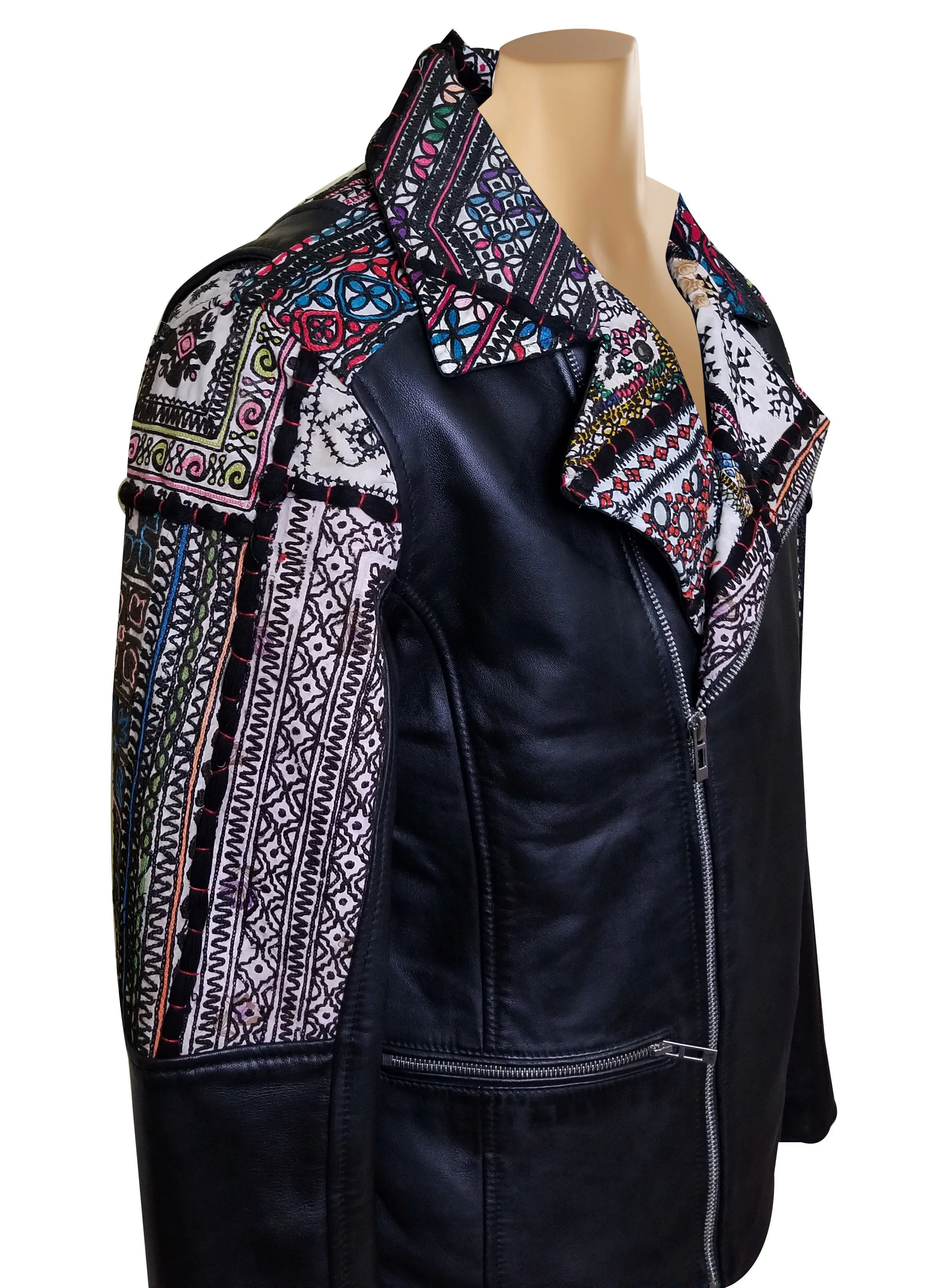 Bohemian Leather jacket with Tribal Hand Embroidered Fabric