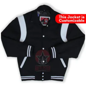 Byron Collar Black Wool White Leather Stripes Varsity