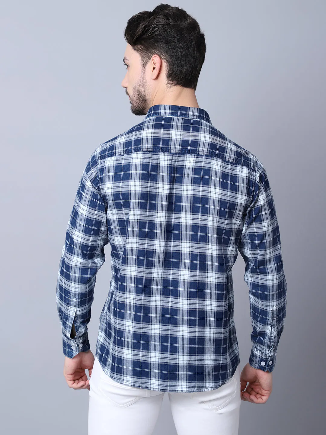 Cantabil Cotton Checkered Navy Blue Full Sleeve Casual Shirt for Men with Pocket