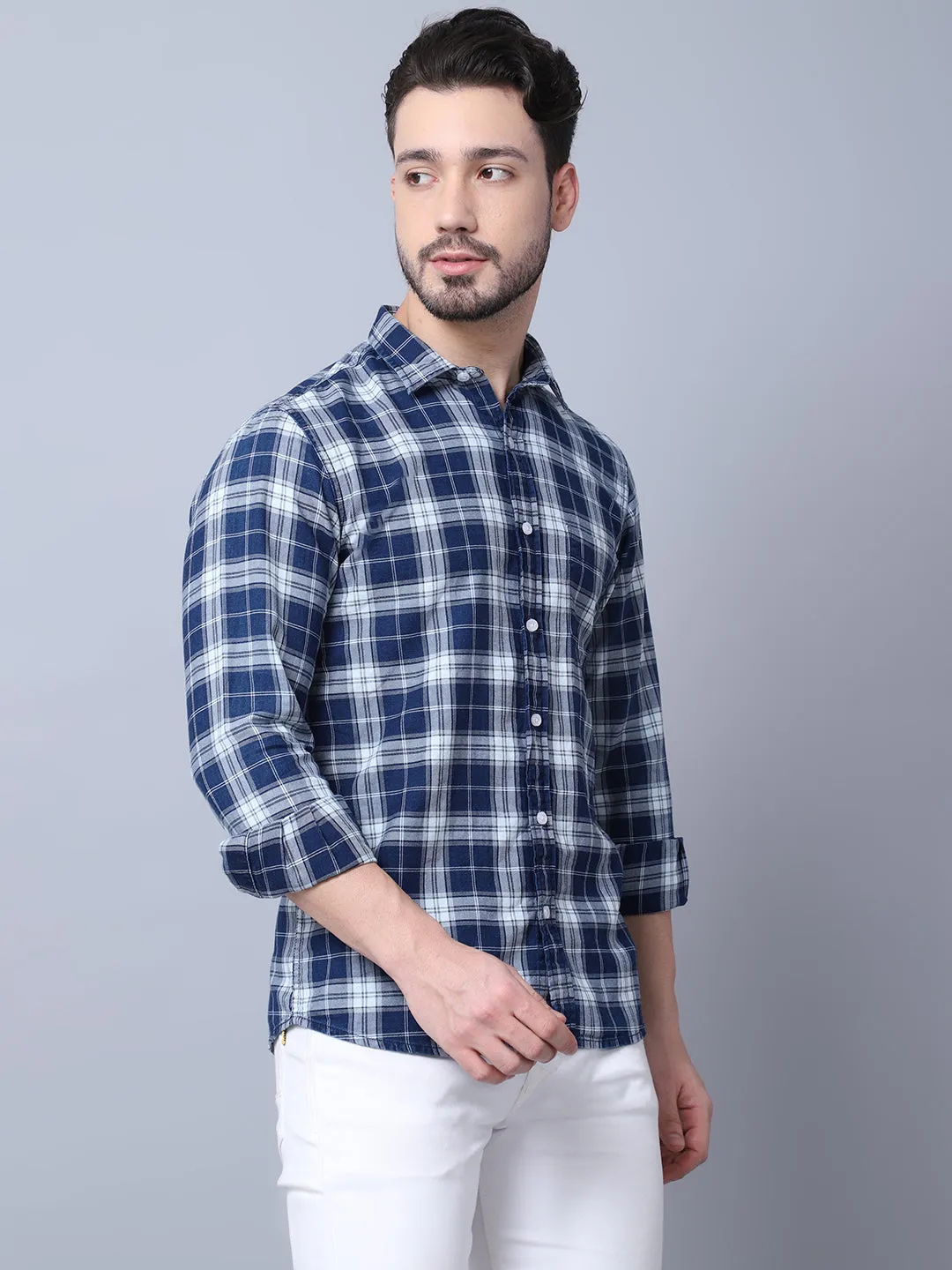Cantabil Cotton Checkered Navy Blue Full Sleeve Casual Shirt for Men with Pocket