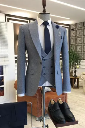 Chic Blue Peaked Lapel Three Pieces Prom Suits Men Jacket Vest & Pants