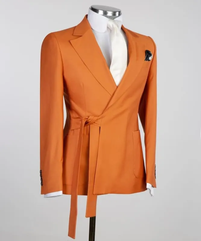Chic Orange Notched Lapel Two Pieces Prom Suits Slim Fit Prom Tuxedo Lace Up Jacket Pants Blazer Party