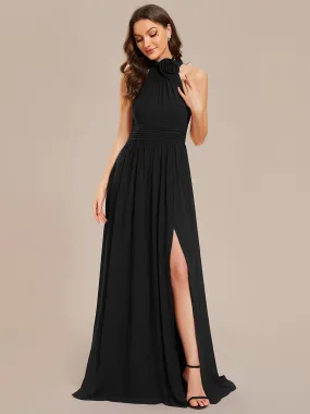 Chiffon Halter Straps Sleeveless Pleated A-Line High Slit Maxi Bridesmaid Dress