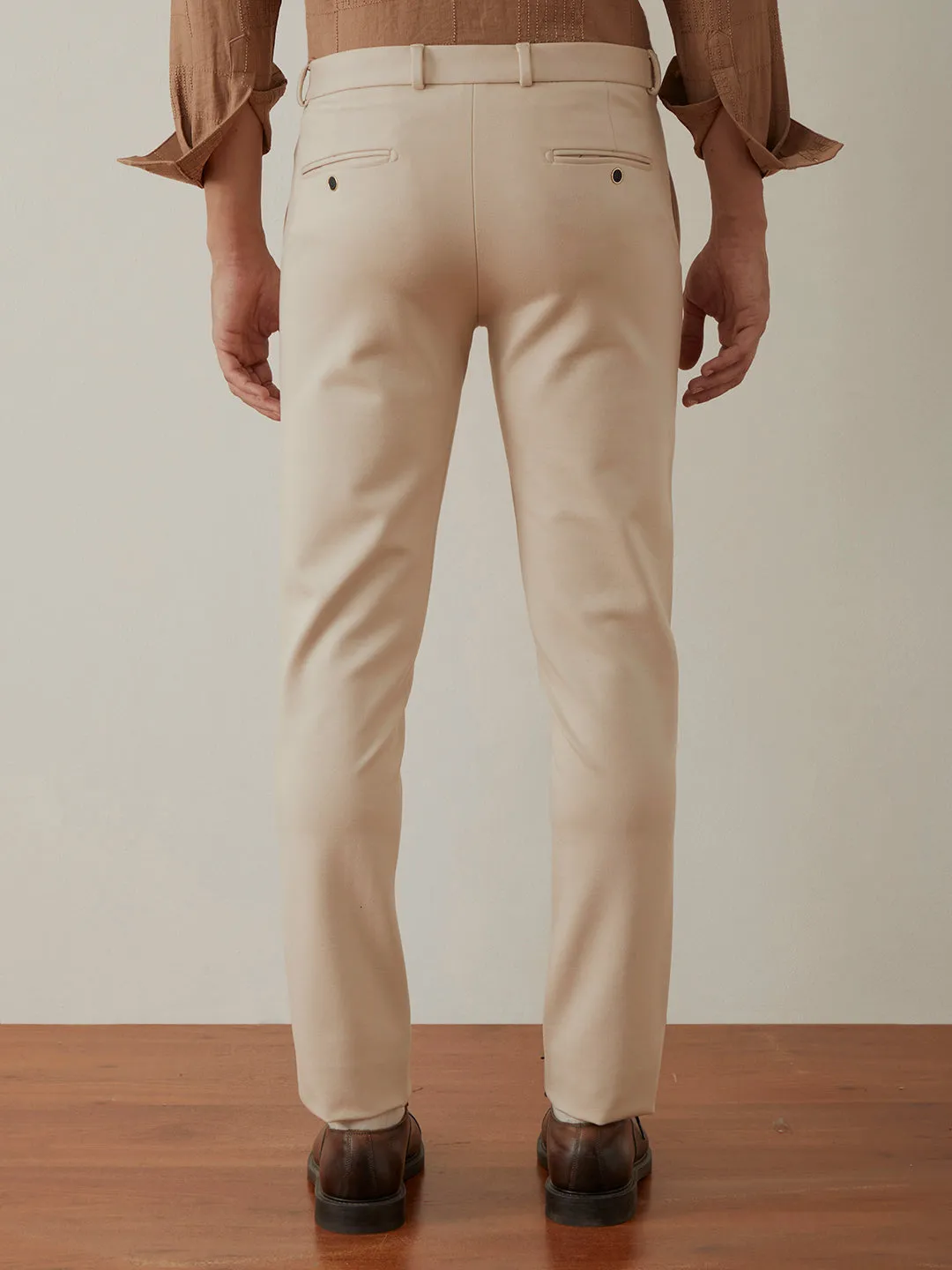 Cream Plain Bi-Stretch Slim Trousers