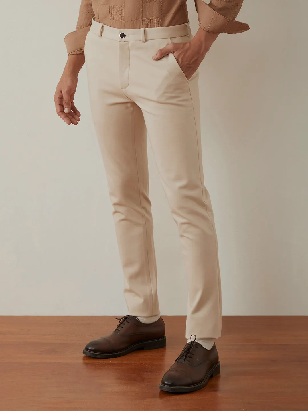 Cream Plain Bi-Stretch Slim Trousers