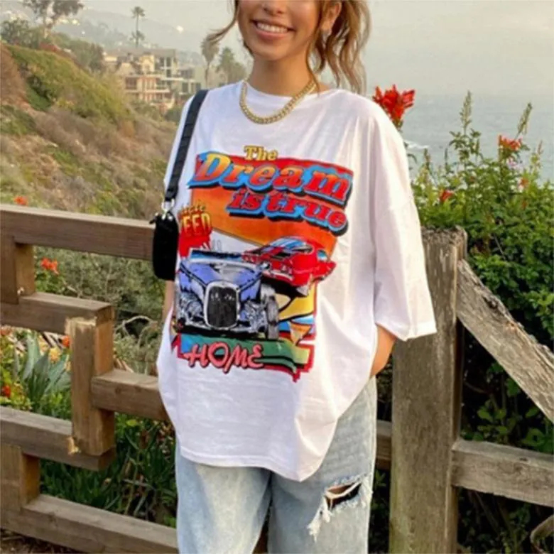 Fashion personality loose car print pullover round neck short sleeve t-shirt women