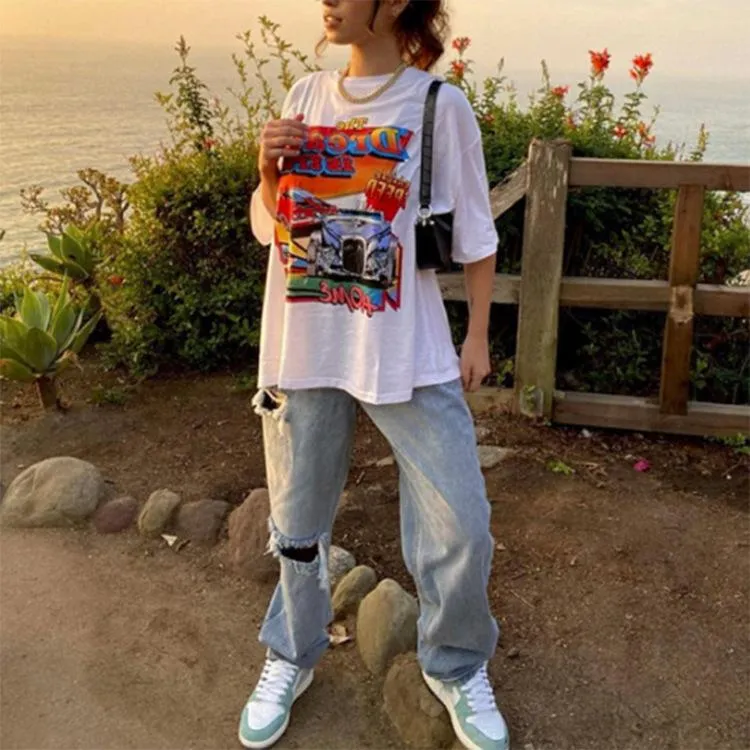 Fashion personality loose car print pullover round neck short sleeve t-shirt women
