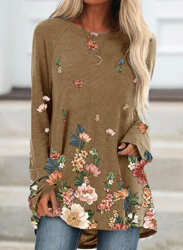 Fashion pullover round neck long sleeve mid-length loose print T-shirt