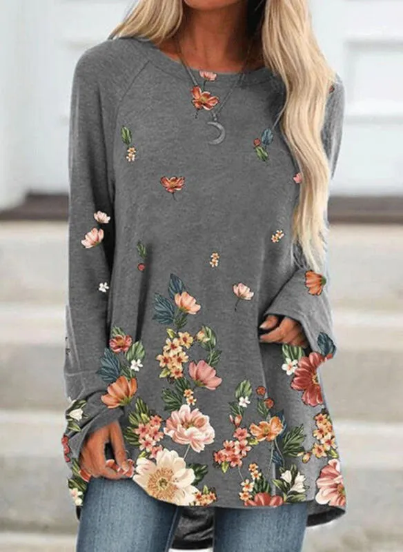 Fashion pullover round neck long sleeve mid-length loose print T-shirt