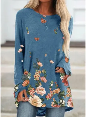 Fashion pullover round neck long sleeve mid-length loose print T-shirt
