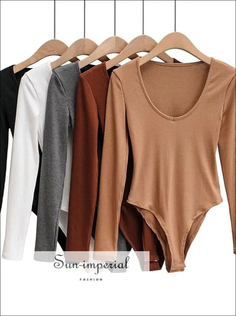 Grey V Neck Long Sleeve Ribbed Bodysuit