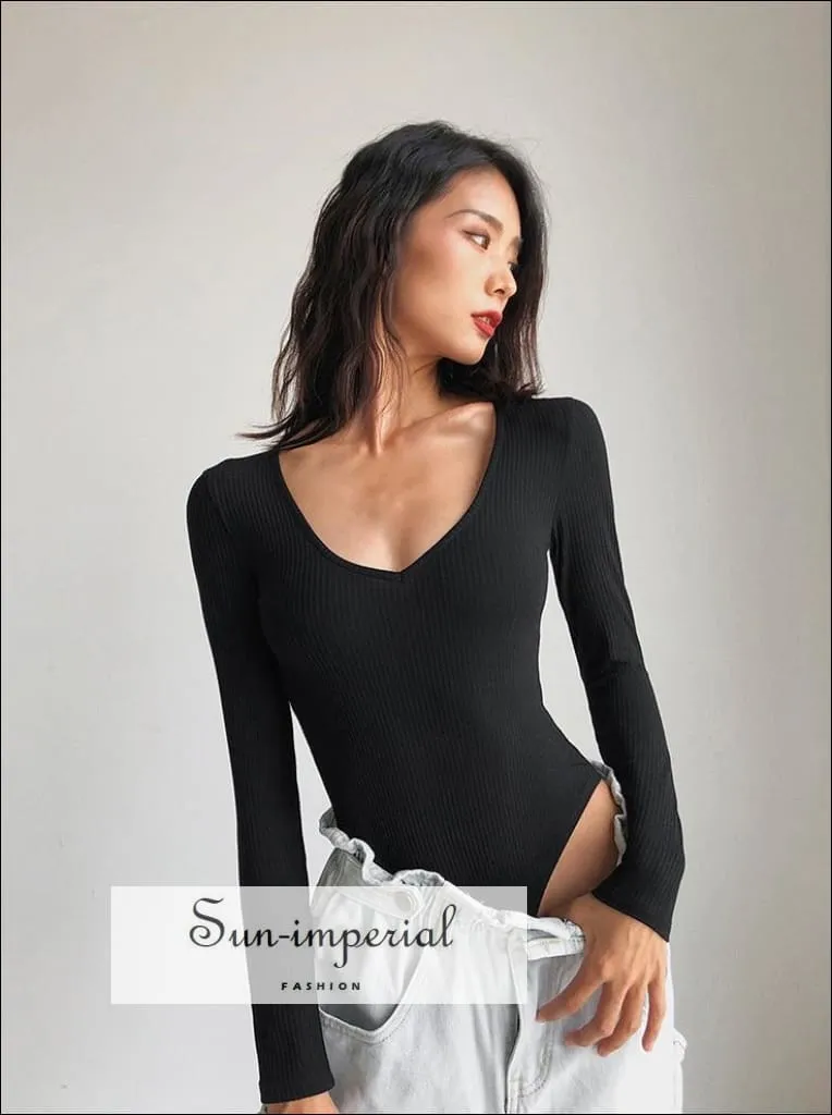 Grey V Neck Long Sleeve Ribbed Bodysuit