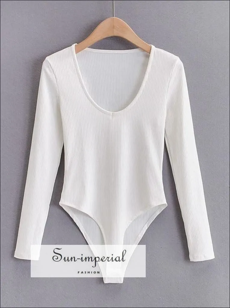 Grey V Neck Long Sleeve Ribbed Bodysuit