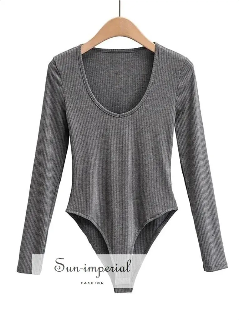 Grey V Neck Long Sleeve Ribbed Bodysuit
