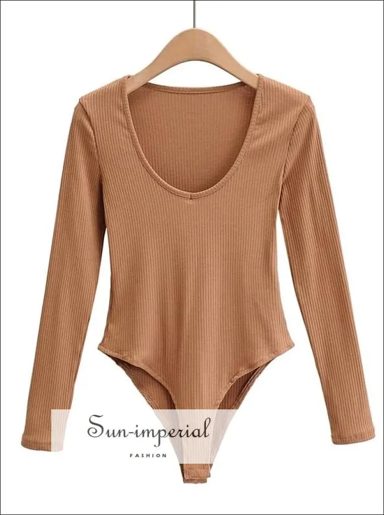 Grey V Neck Long Sleeve Ribbed Bodysuit