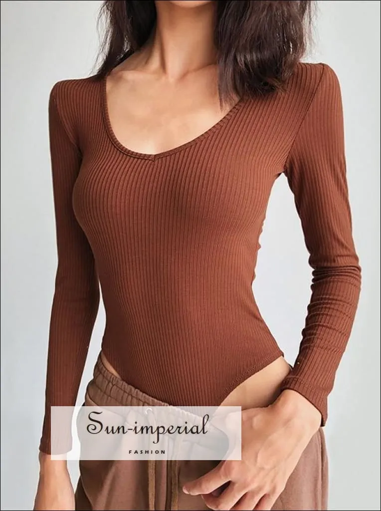 Grey V Neck Long Sleeve Ribbed Bodysuit