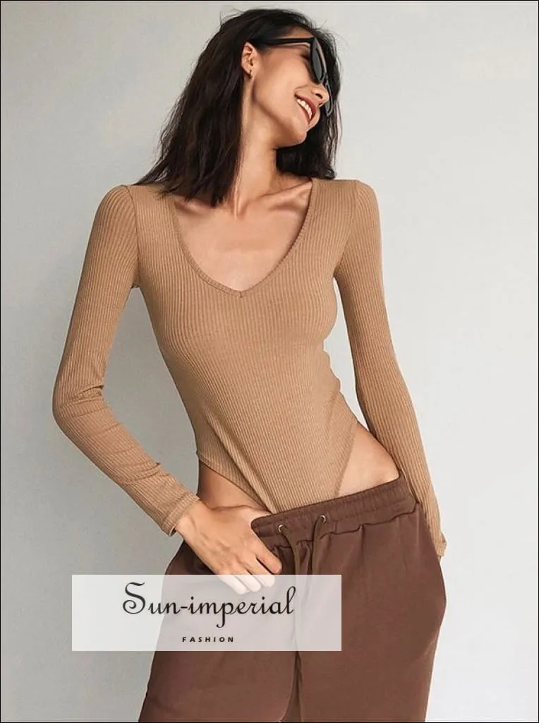 Grey V Neck Long Sleeve Ribbed Bodysuit
