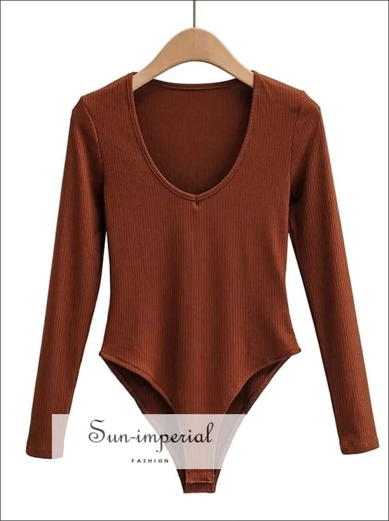 Grey V Neck Long Sleeve Ribbed Bodysuit