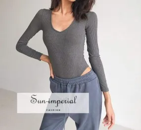 Grey V Neck Long Sleeve Ribbed Bodysuit