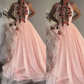 high neck pink ball gown prom dresses 2020 dotted tulle embroidery appliqué elegant prom gown