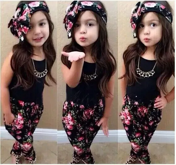 Hot Summer Kids Girls Clothes Sleeveless Vest Floral Pants Scarf Children Fashion Style 3PCS Baby Girl Clothing Sets Outfits S1358467