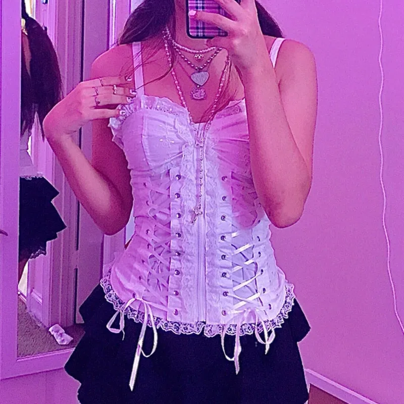 Hulianfu E-girl Grunge Kawaii Corset Top Zipper White Lace Trim Bandage Slim Fit Cropped Top Gothic Emo Alt Clothes Women Streetwear