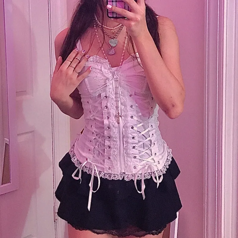 Hulianfu E-girl Grunge Kawaii Corset Top Zipper White Lace Trim Bandage Slim Fit Cropped Top Gothic Emo Alt Clothes Women Streetwear
