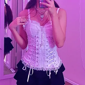 Hulianfu E-girl Grunge Kawaii Corset Top Zipper White Lace Trim Bandage Slim Fit Cropped Top Gothic Emo Alt Clothes Women Streetwear