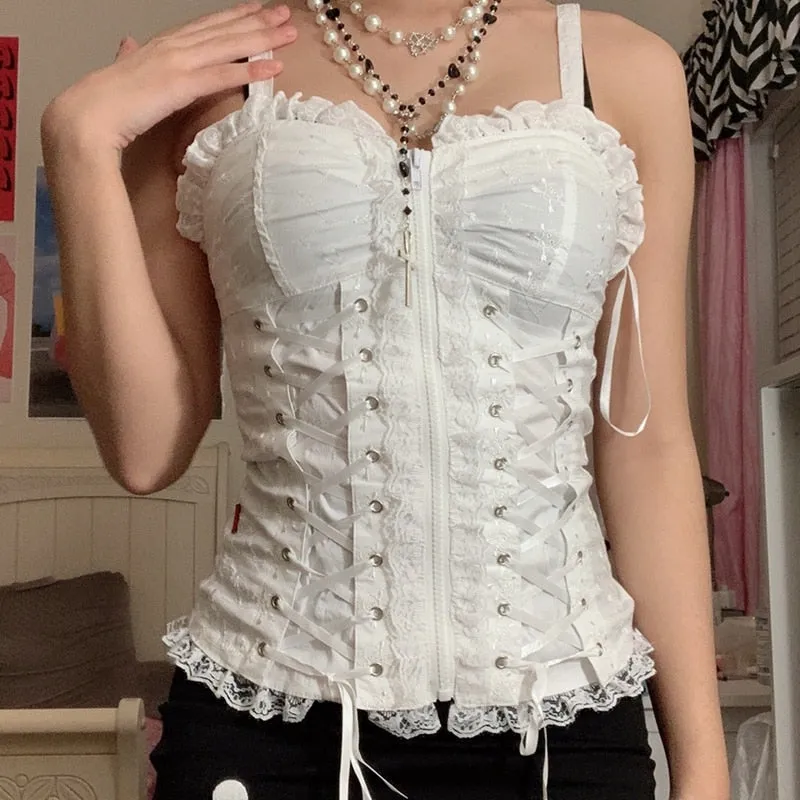 Hulianfu E-girl Grunge Kawaii Corset Top Zipper White Lace Trim Bandage Slim Fit Cropped Top Gothic Emo Alt Clothes Women Streetwear