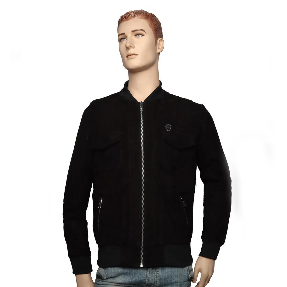 Men's Black Suede Leather Jacket with Rib Multi Pockets Design by Brune & Bareskin