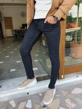 Navy Blue Slim Fit Ripped Jeans for Men by GentWith.com