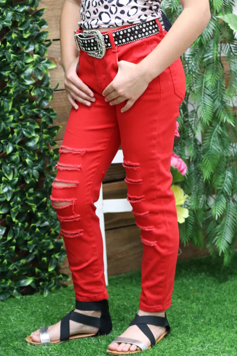 Red ripped skinny jeans. PNG25133011 SOL