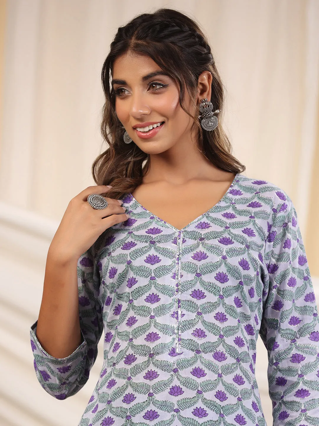 Sadabahaar Grey Jaal Handblock Printed Cotton Kurta Pant Set