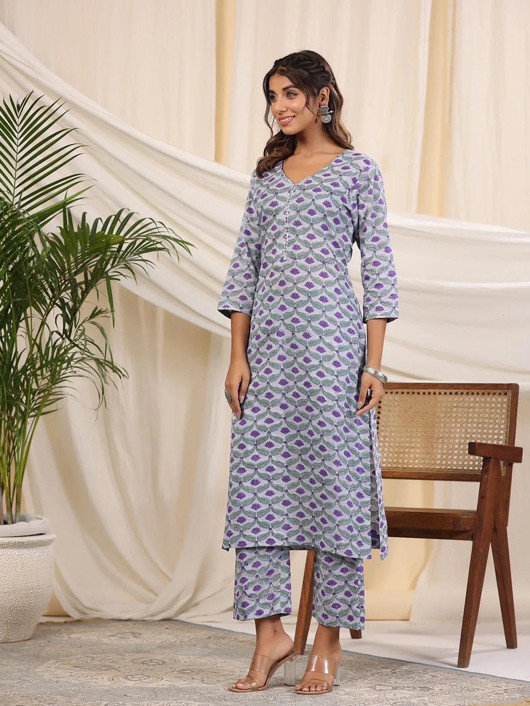 Sadabahaar Grey Jaal Handblock Printed Cotton Kurta Pant Set