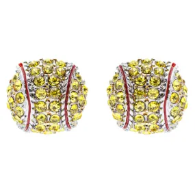 Sport Softball Crystal Rhinestone 14mm Drop Stud Fashion Earrings Silver Yellow