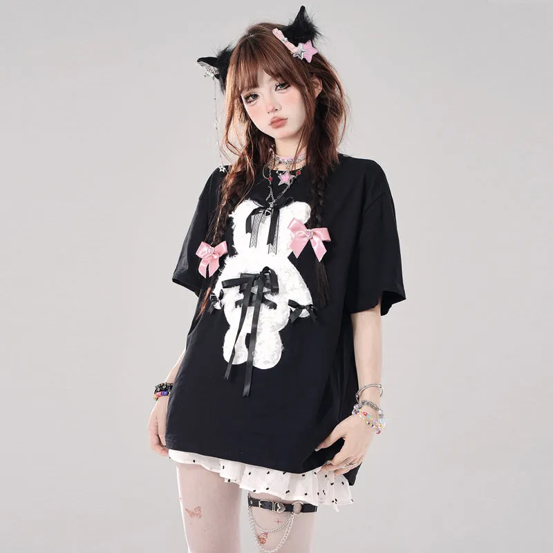 Summer Sweet Cool Girl Style Cartoon Bear Embroidered T-shirt