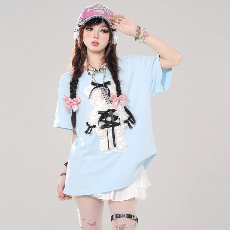 Summer Sweet Cool Girl Style Cartoon Bear Embroidered T-shirt
