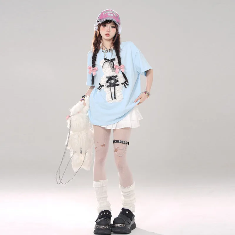 Summer Sweet Cool Girl Style Cartoon Bear Embroidered T-shirt