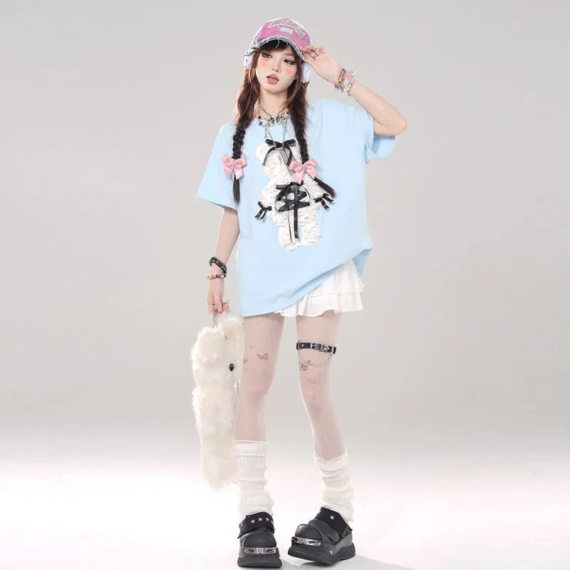Summer Sweet Cool Girl Style Cartoon Bear Embroidered T-shirt