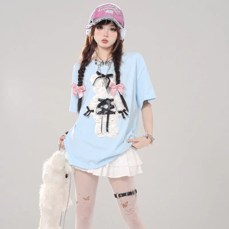 Summer Sweet Cool Girl Style Cartoon Bear Embroidered T-shirt