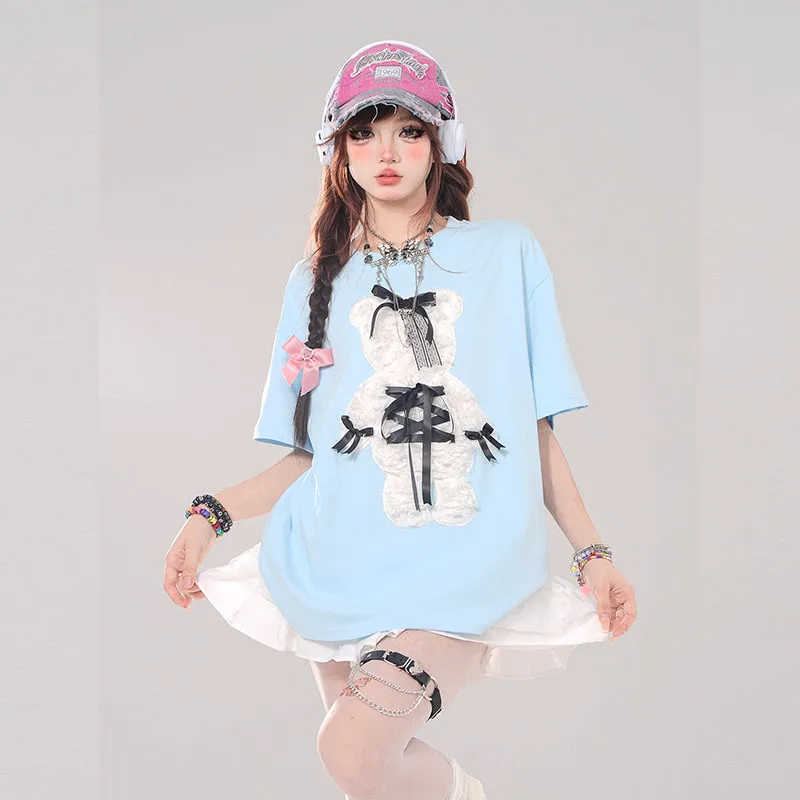 Summer Sweet Cool Girl Style Cartoon Bear Embroidered T-shirt