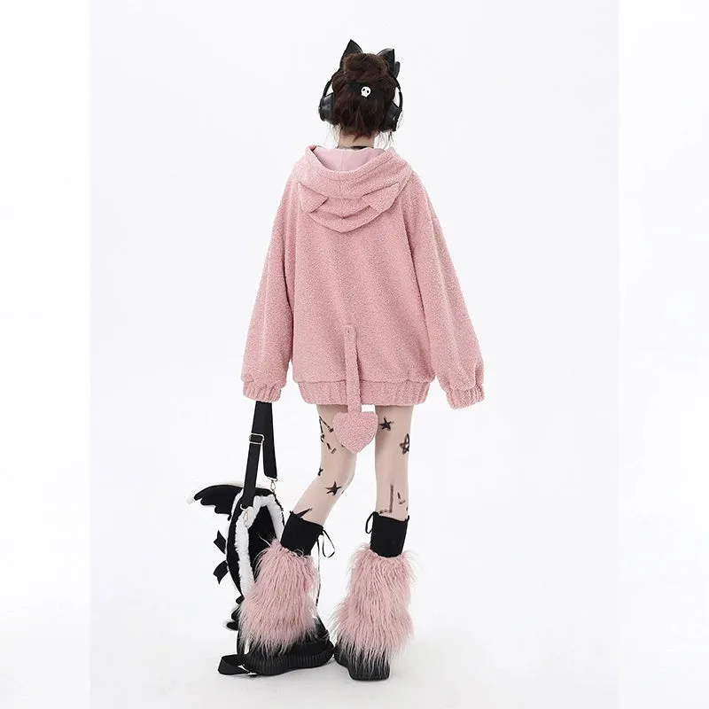 Sweet Soft Girl Style Pink Heart Embroidered Hooded Sweatshirt