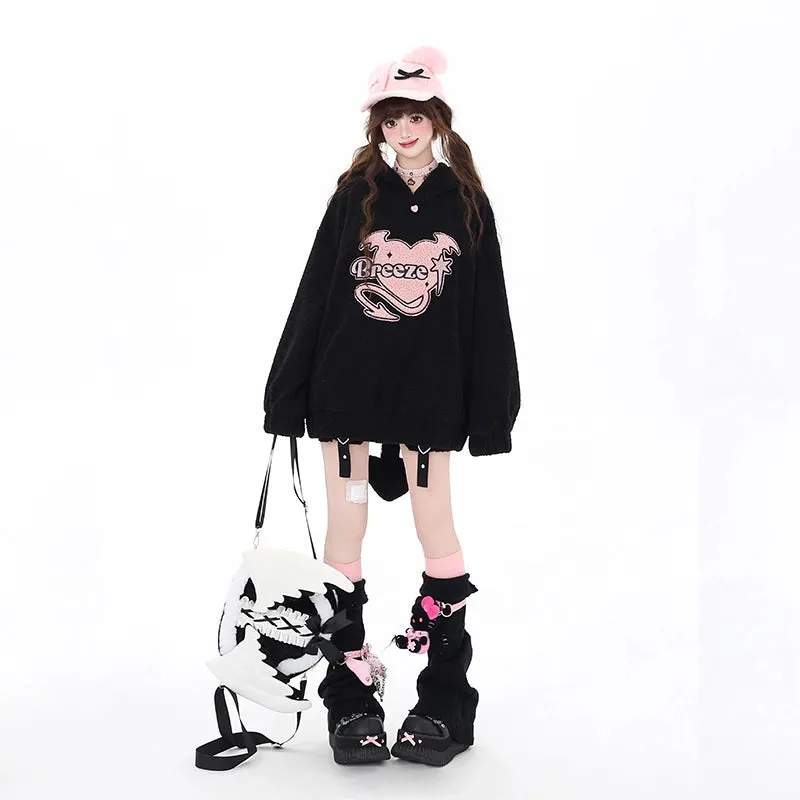 Sweet Soft Girl Style Pink Heart Embroidered Hooded Sweatshirt