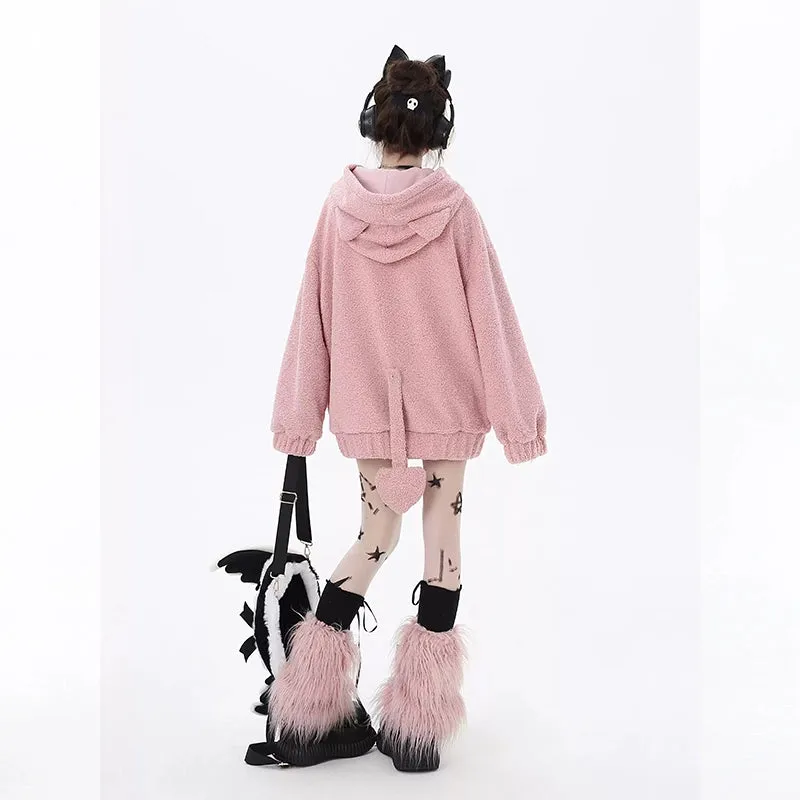 Sweet Soft Girl Style Pink Heart Embroidered Hooded Sweatshirt
