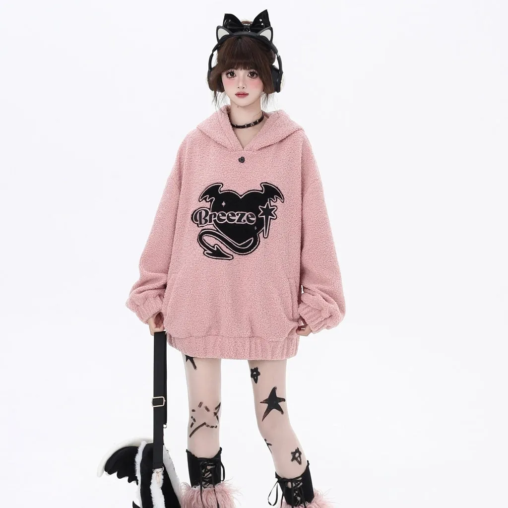 Sweet Soft Girl Style Pink Heart Embroidered Hooded Sweatshirt