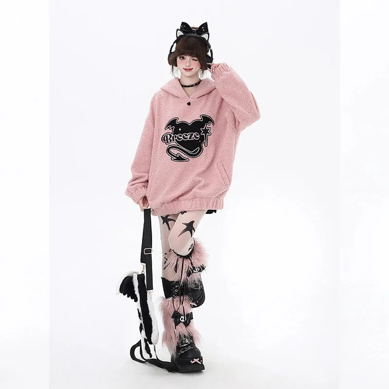 Sweet Soft Girl Style Pink Heart Embroidered Hooded Sweatshirt