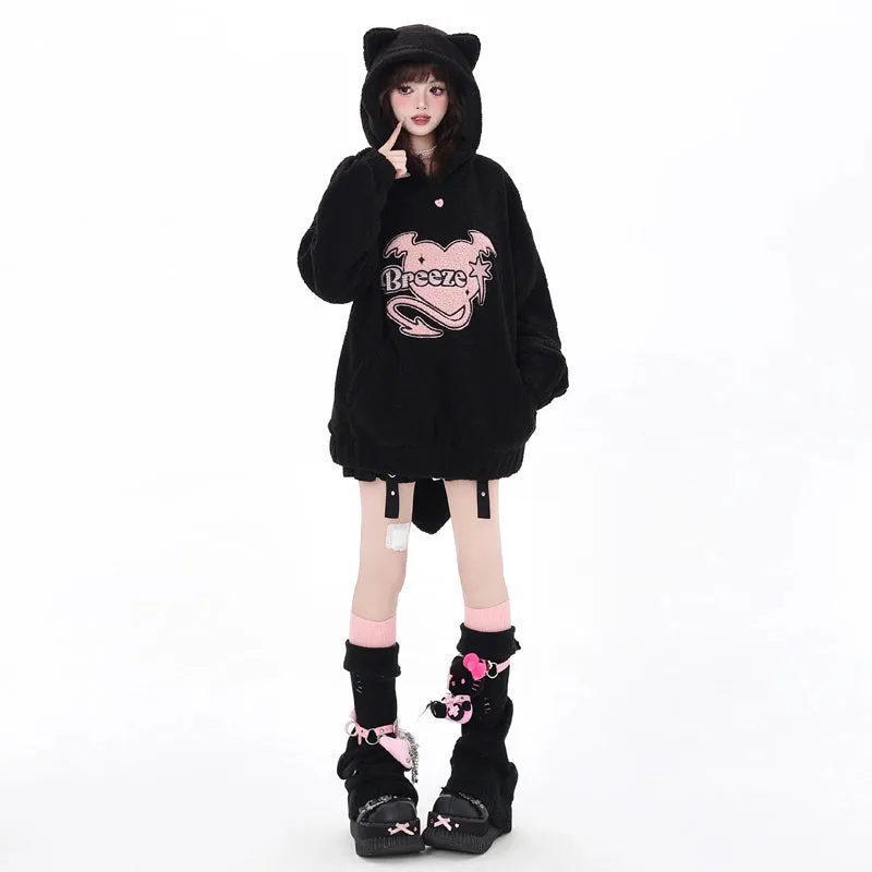 Sweet Soft Girl Style Pink Heart Embroidered Hooded Sweatshirt